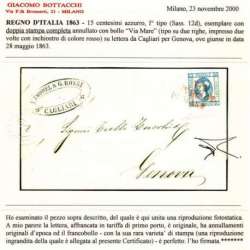 1863 REGNO 15 c. AZZURRO I TIPO DOPPIA STAMPA COMPLETA n.12d SU BUSTA CERT. regno d' Italia francobolli filatelia stamps
