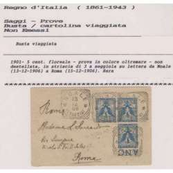 1901 REGNO PROVE 5 c. FLOREALE BLOCCO DI 3 n.P70 BUSTA VIAGGIATA CERT. US. regno d' Italia francobolli filatelia stamps