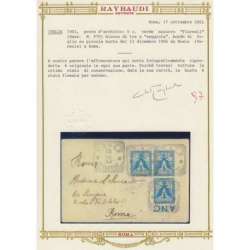 1901 REGNO PROVE 5 c. FLOREALE BLOCCO DI 3 n.P70 BUSTA VIAGGIATA CERT. US. regno d' Italia francobolli filatelia stamps