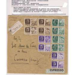 1944 R.S.I. PROPAGANDA DI GUERRA SAGGIO 12 V. SU BUSTA VIAGGIATA CERT. R.S.I. e Luogotenenza francobolli filatelia stamps
