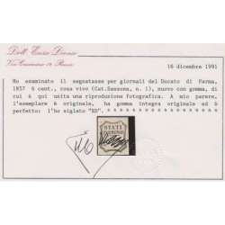 PARMA 1857 SEGNATASSE PER GIORNALI 6 c. n.1 CERT. G.I. MNH** Modena e Parma francobolli filatelia stamps