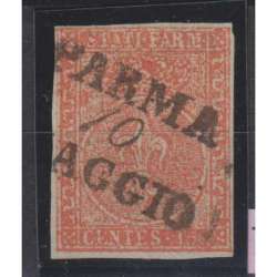 PARMA 1853-55 GIGLIO BORBONICO 15 CENTESIMI N.7a ROSSO VERMIGLIO US MARGINATO Modena e Parma francobolli filatelia stamps