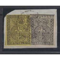 PARMA 1852 GIGLIO BORBONICO BICOLORE 5 C. + 10 C. N.1-2 USATI SU FRAMMENTO Modena e Parma francobolli filatelia stamps
