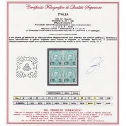 1890 UMBERTO I 2 c. SU 5 c. N. 56 + 56b QUARTINA (I CODA SOTTILE) CERT. MNH** regno d' Italia francobolli filatelia stamps