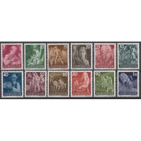 LIECHTENSTEIN 1951 SOGGETTI VITA CONTADINA 12 VALORI G.I MNH** Liechtenstein francobolli filatelia stamps