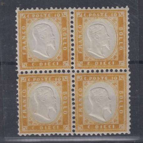 REGNO 1862 QUARTINA 10 C. N.1 BISTRO GIALLASTRO G.I MNH** CENTRATI 2 CERT. regno d' Italia francobolli filatelia stamps