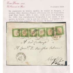 SARDEGNA 1862 STRISCIA DI 5 V. + 1 V. N.13D USATA SU BUSTA CERT. Sardegna francobolli filatelia stamps