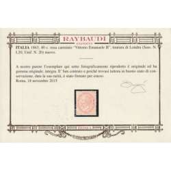 REGNO D'ITALIA 1863-65 40 CENTESIMI DE LA RUE LONDRA N.L20 G.I MNH** CERT. regno d' Italia francobolli filatelia stamps