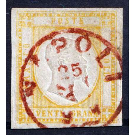 1861 PROVINCE NAPOLETANE 20 gr. GIALLO n. 23 USATO CERT. Napoli francobolli filatelia stamps
