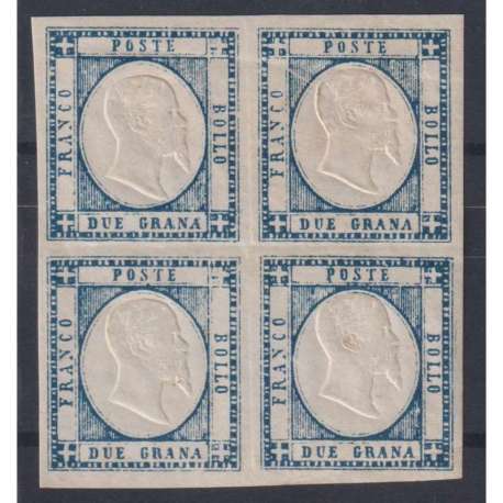 1861 PROVINCE NAPOLETANE 2 gr. AZZURRO ARDESIA n. 20c QUARTINA CERT. G.I. MNH** Napoli francobolli filatelia stamps