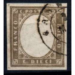 SARDEGNA 1861 10 CENTESIMI N.14Cbb OLIVA BRUNASTRO SCURISSIMO US. Sardegna francobolli filatelia stamps