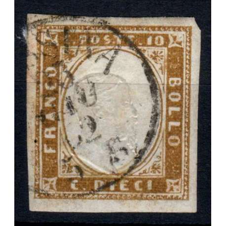 SARDEGNA 1862 10 CENTESIMI N.14Da BISTRO OLIVA SCURO USATO Sardegna francobolli filatelia stamps