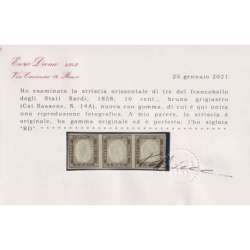 SARDEGNA 1858 STRISCIA 10 C. BRUNO GRIGIASTRO 3 V. N.14A G.O MH* / G.I ** CERT. Sardegna francobolli filatelia stamps