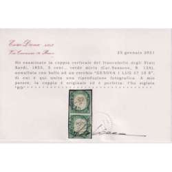 SARDEGNA 1855 COPPIA 5 CENTESIMI VERDE MIRTO N.13A USATA CERT. Sardegna francobolli filatelia stamps