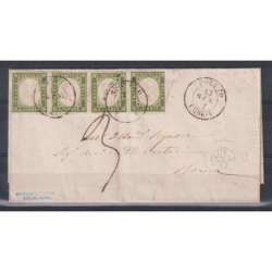 SARDEGNA 1859 STRISCIA 5 CENTESIMI 4 V. N.13Bc VERDE OLIVA SU BUSTA CERT. Sardegna francobolli filatelia stamps