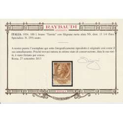 REPUBBLICA 1954 ITALIA TURRITA 100 LIRE VARIETA' RUOTA NS USATO CERT. repubblica italiana francobolli filatelia stamps