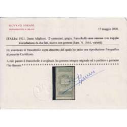 REGNO D'ITALIA 1921 DANTE NON EMESSO VARIETA' N.116A G.I MNH** CERT. regno d' Italia francobolli filatelia stamps