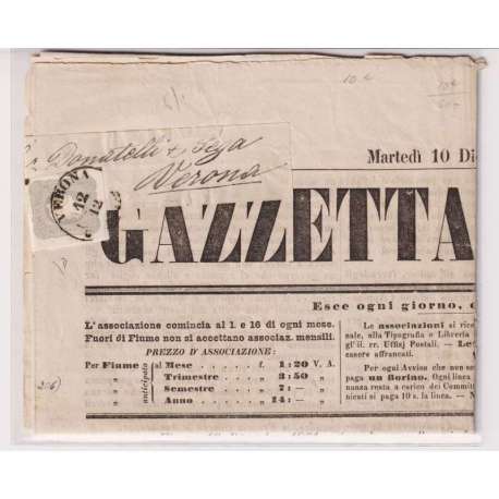 LOMBARDO VENETO 1861 1,05 SOLDI N.10 US SU GIORNALE GAZZETTA DI FIUME CERT.