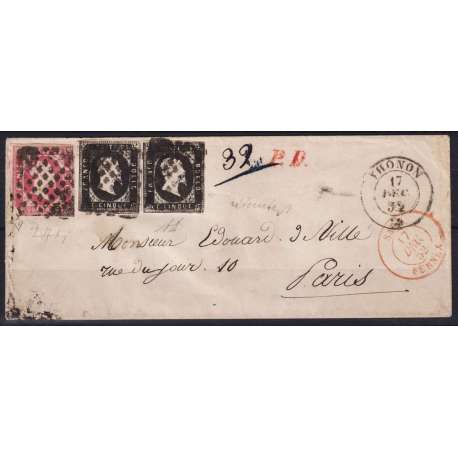 SARDEGNA 1851 5 CENTESIMI + 40 CENTESIMI 3 V. N.1,3 USATI SU BUSTA CERT. RARA Sardegna francobolli filatelia stamps