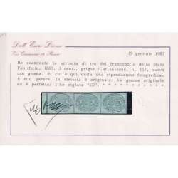 STATO PONTIFICIO 1867 STRISCIA 3 CENTESIMI GRIGIO N.15 G.O MLH* CERT. Stato Pontificio francobolli filatelia stamps
