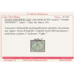1852 PONTIFICIO 50 b. AZZURRO n.10 GRANDE FRESCHEZZA E RARITA' CERT. T.L. MLH* Stato Pontificio francobolli filatelia stamps