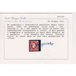 SARDEGNA 1851 40 CENTESIMI LILLA ROSA N.3c US. CERTIFICATO GRANDE RARITA' Sardegna francobolli filatelia stamps