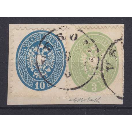 1863-64 LOMBARDO VENETO 10 s. D9 1/2 + 3 s. D14 Nn44-37a C. BOLAFFI SU FRAMMENTO Lombardo Veneto francobolli filatelia stamps