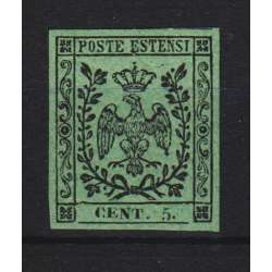 1852 MODENA 5 c. VERDE OLIVA n.8 CON PUNTO CERT. G. BOLAFFI G.I. MNH** Modena e Parma francobolli filatelia stamps