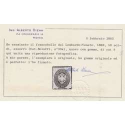 1863 LOMBARDO VENETO 10 s. AZZURRO n.39 RARO CERT. BOLAFFI + DIENA G.O. MH* Lombardo Veneto francobolli filatelia stamps