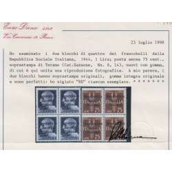 EMISSIONI LOCALI REP. SOC. TERAMO 1944 S. 14 16 VAL. IN QUARTINE G.I. MNH** CERT Occupazioni francobolli filatelia stamps