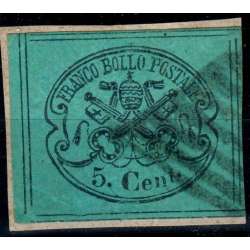 1867 STATO PONTIFICIO 5 c. AZZURRO VERDASTRO n.16 8 FILETTI CERT. SU FRAMMENTO Stato Pontificio francobolli filatelia stamps
